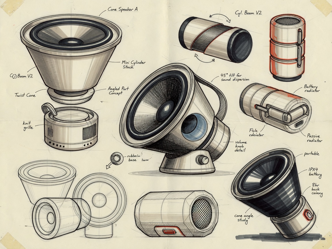 Round 01 — portable speaker form exploration, twelve directions.