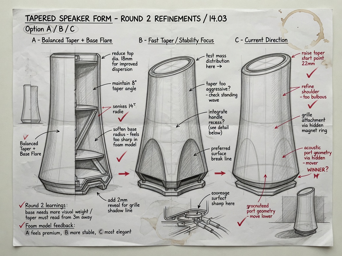 Round 02 — refinement of the tapered family with CMF callouts.